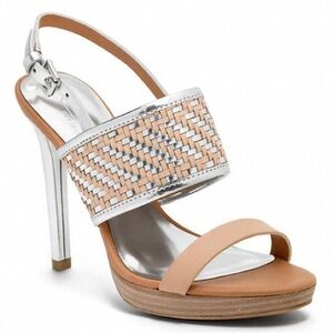COACH | “Steffi” Tan & Silver Leather Slingback Woven High Heel Sandal